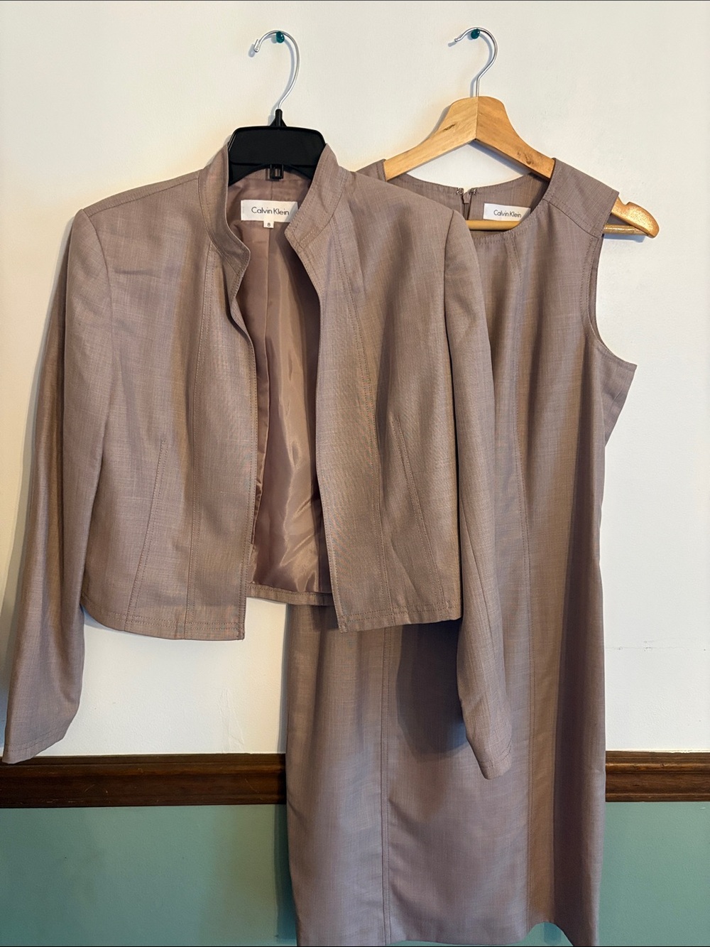 Calvin Klein Taupe Two-Piece Sheath Dress and Cropped Jacket Set